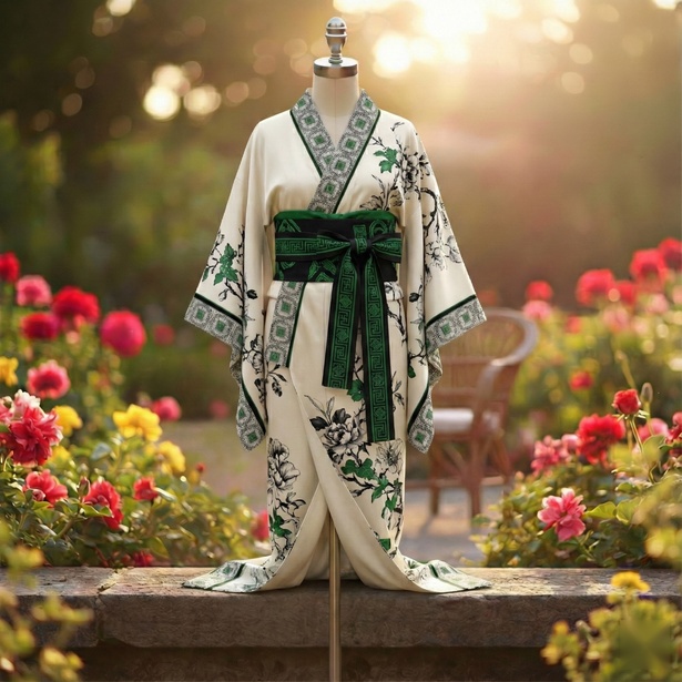 Ivory kimono-style robe printed with ink botanicals, with a green geometric border and obi