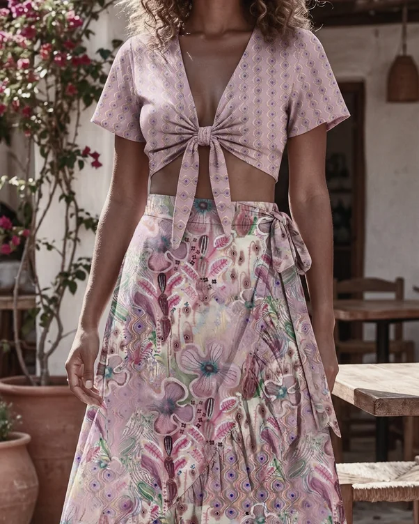 Model in a pink tie-front crop top and ruffled wrap skirt in a pink botanical print