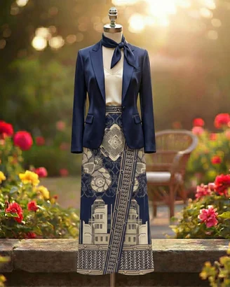 Navy blazer over a skirt printed with an art deco building border