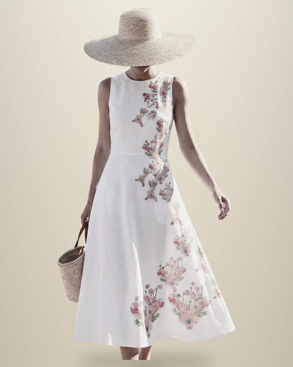 White sleeveless midi dress with a trailing pink floral placement print