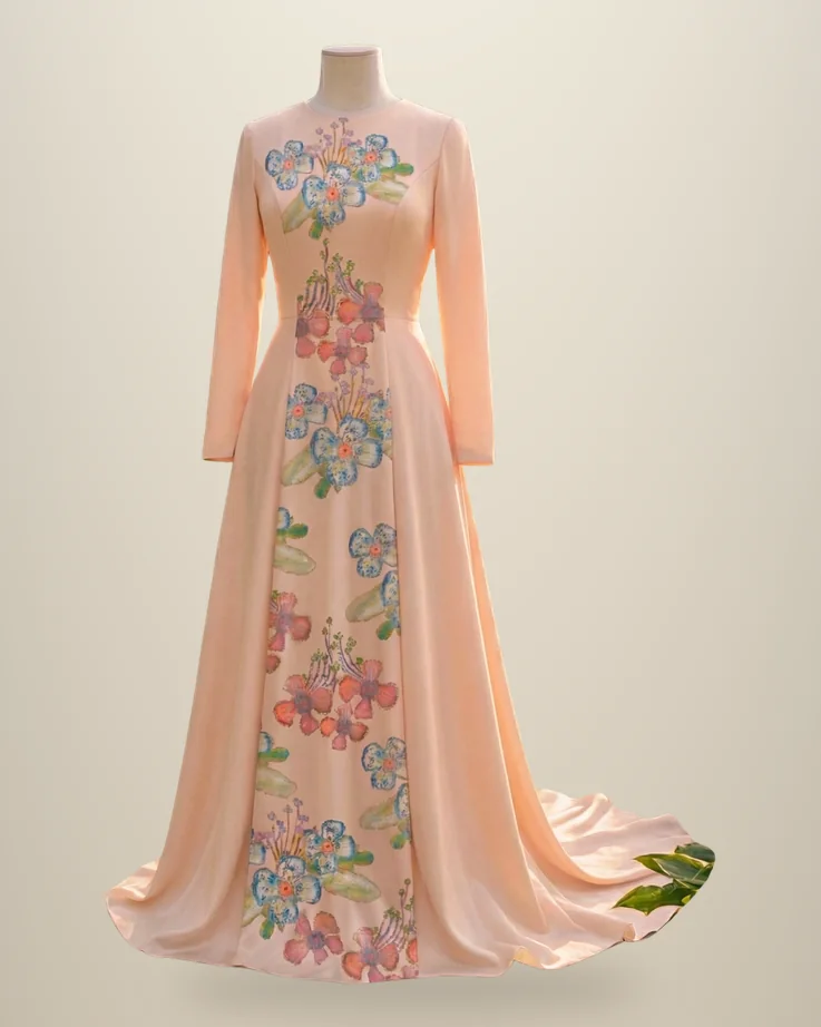Peach long-sleeve gown with a cascading floral placement down the front