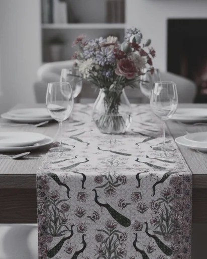 Dining table with a runner printed with peacocks and flowering plants