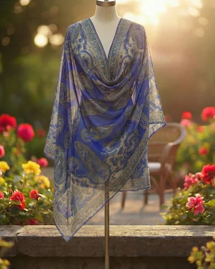 Sheer blue paisley stole draped over a dress form in a garden
