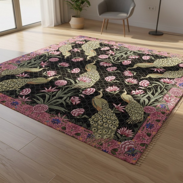 Hand-tufted carpet with peacocks and pink peonies on a black trellis ground
