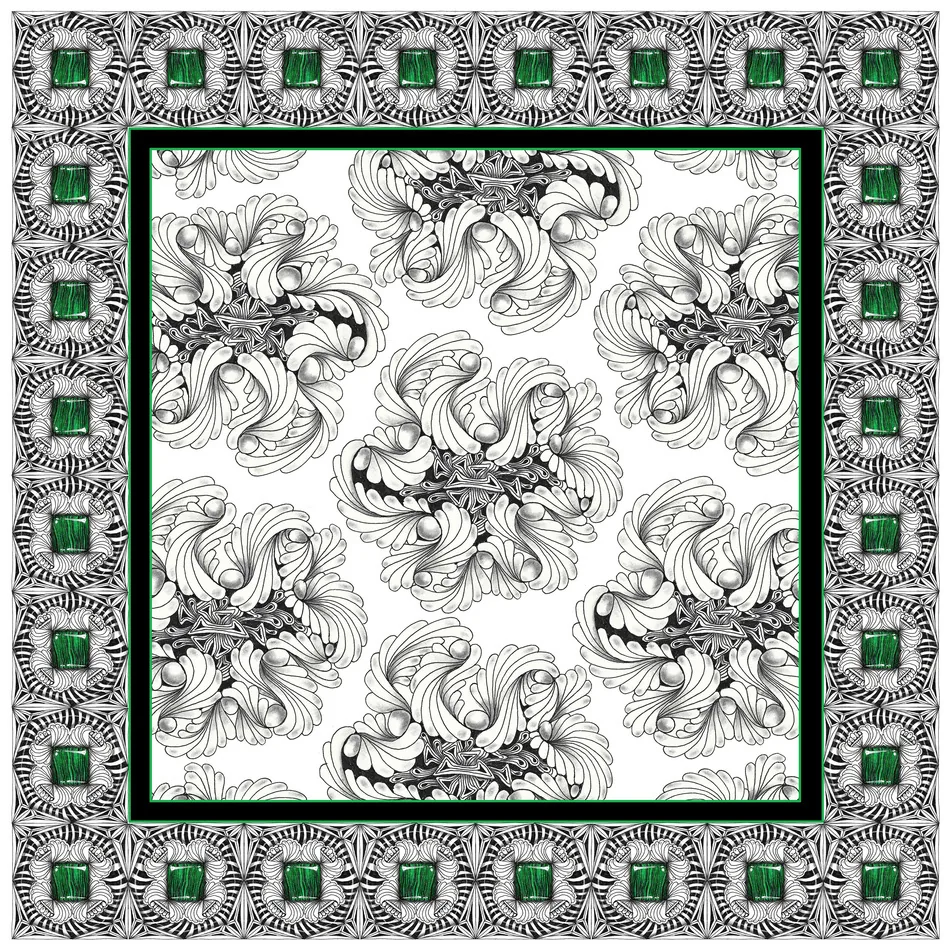 Square scarf in black and white pen and ink: swirling feathered motifs with a jewelled green border