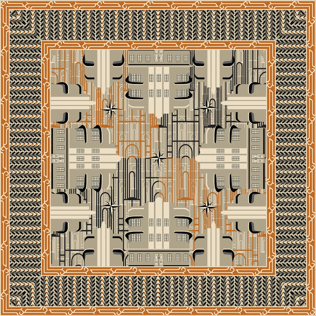 Square scarf: art deco buildings in taupe, cream and burnt orange inside a chevron and scroll border