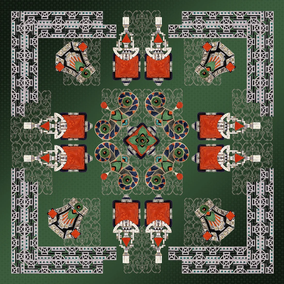 Square scarf: jewelled art deco motifs in red, ivory and silver on an emerald ground