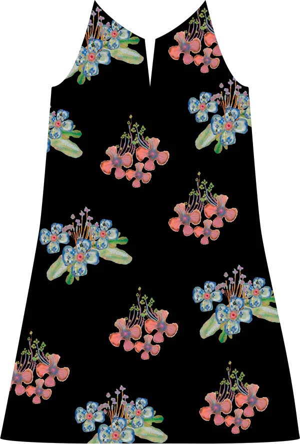 Dress flat: black shift printed with blue and coral floral bouquets