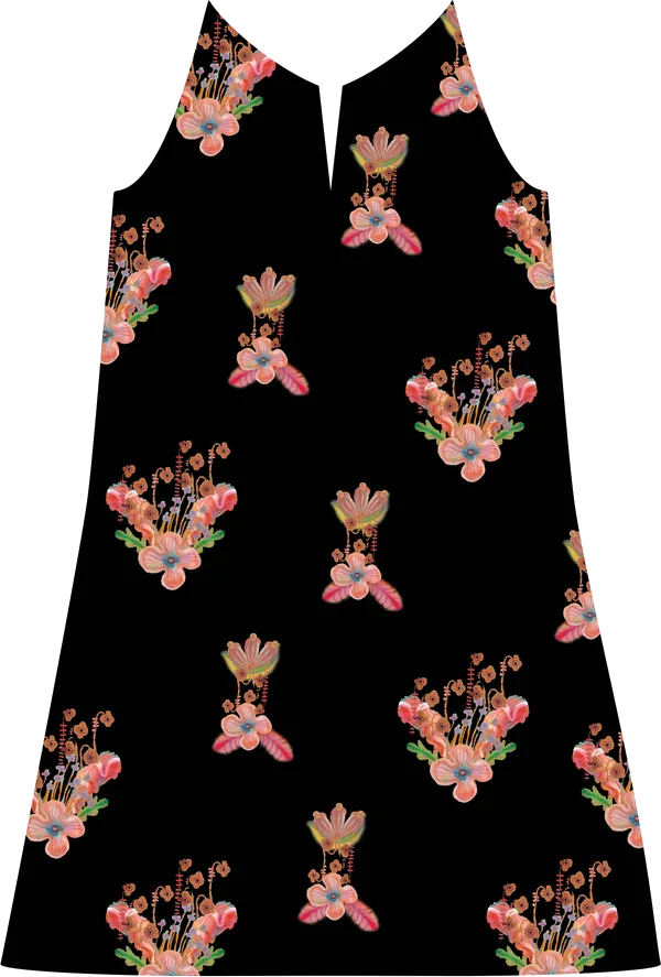 Dress flat: black shift printed with coral and blush floral bouquets