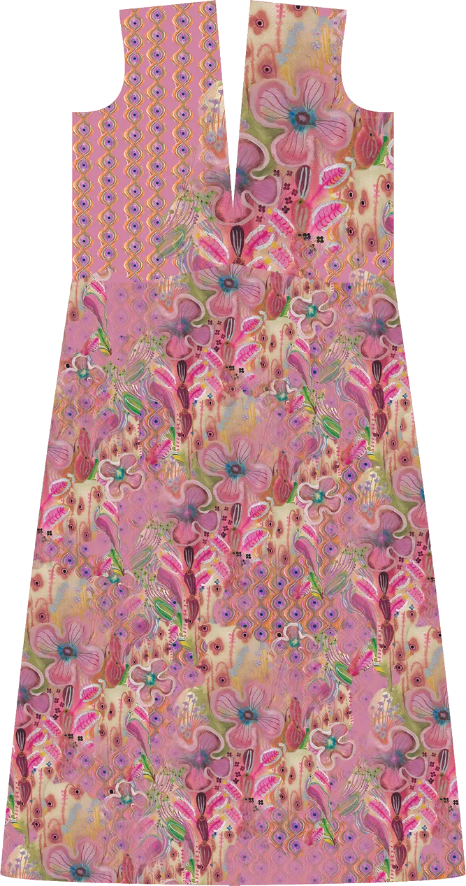 Dress flat in a rose all-over wildflower print with a striped yoke