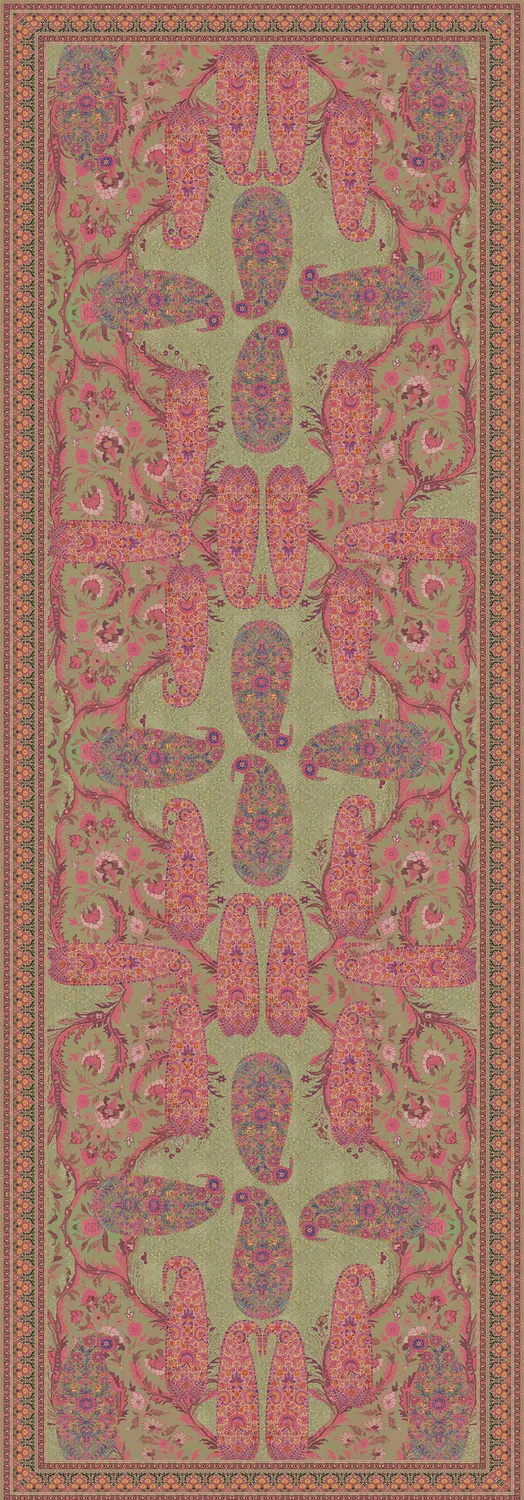 Dupatta artwork: rose paisleys mirrored on a sage ground with a fine rust border