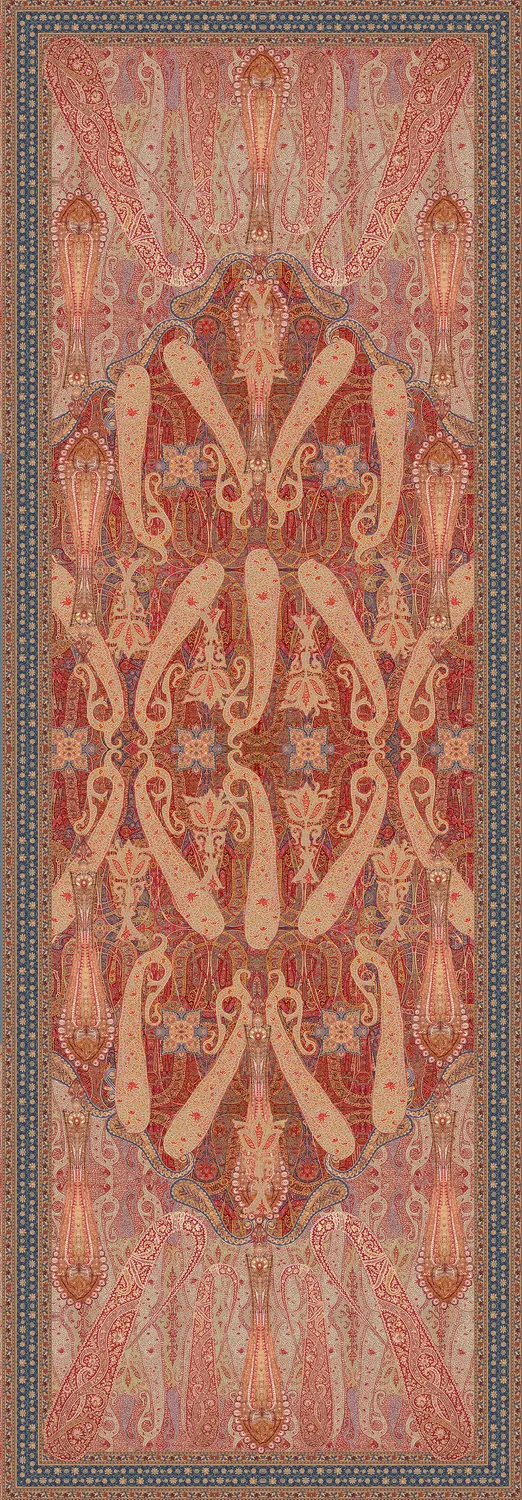 Dupatta artwork: coral and saffron paisley medallion on madder red with a slate-blue border
