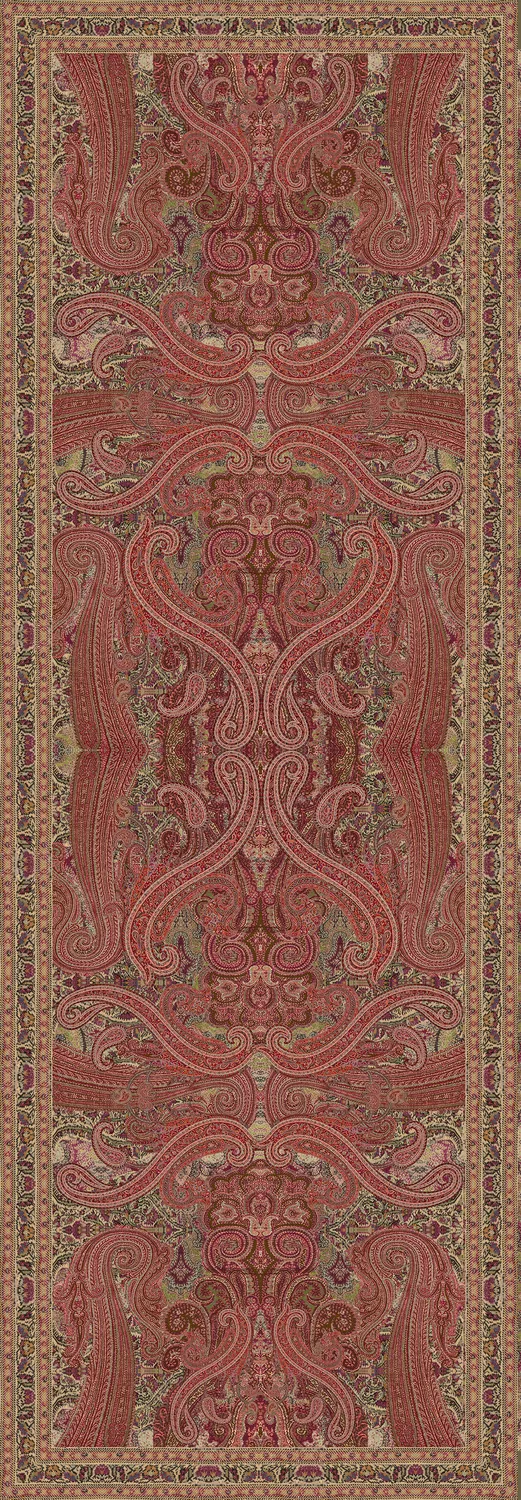 Dupatta artwork: madder-red paisley scrolls mirrored along its length, antique gold border