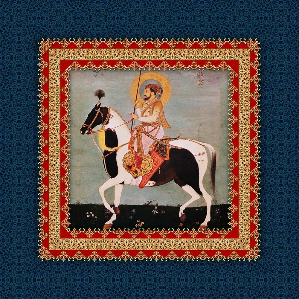 Pocket square: a rider on a piebald horse in a red and gold frame on a navy ground