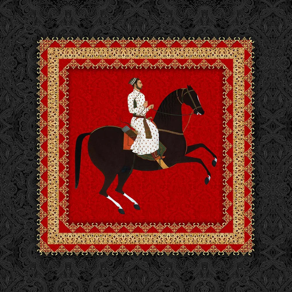 Pocket square: a Mughal-style rider on a dark horse on red, framed in gold on a black damask ground