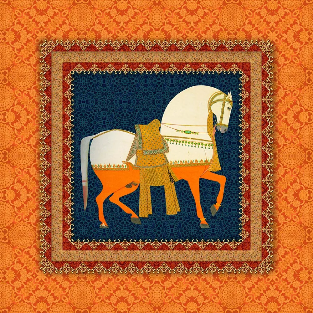 Pocket square: a white horse and rider on navy inside a red and gold frame on a saffron ground
