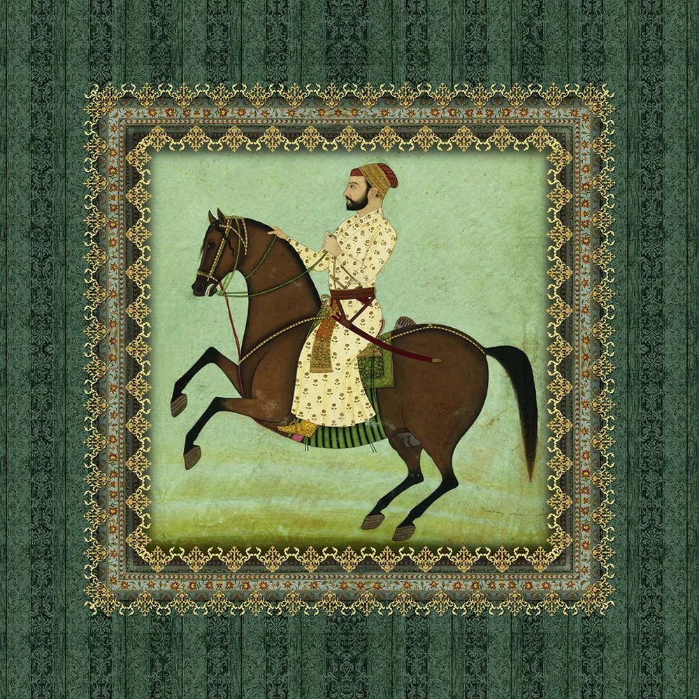 Pocket square: a rider on a brown horse on sage inside a gold frame on a green striped ground