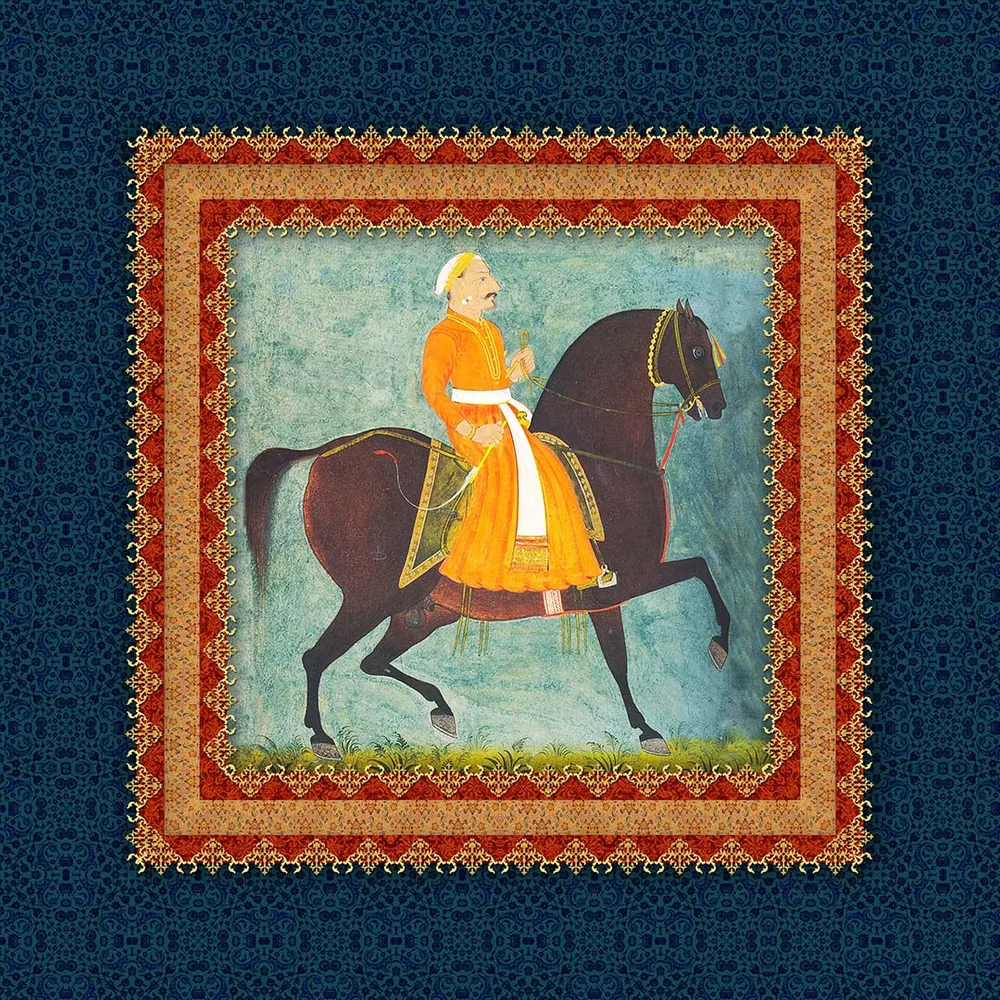 Pocket square: a rider in saffron on a chestnut horse against pale blue, framed in red and gold on navy