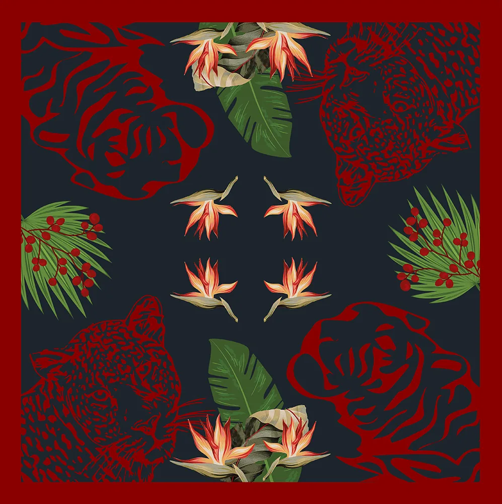Napkin artwork: tiger and leopard outlines with birds of paradise on navy, inside a red border