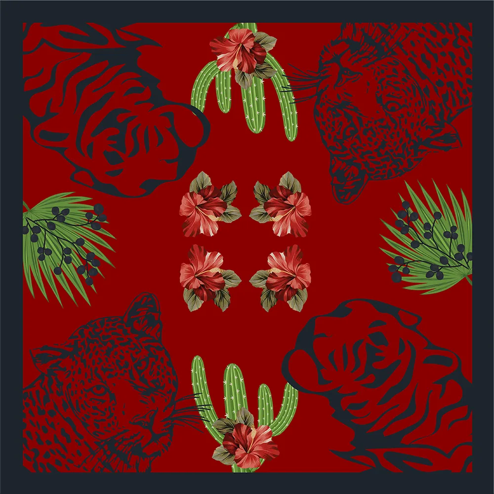 Napkin artwork: tiger outlines, cactus and tropical flowers on red, inside a navy border