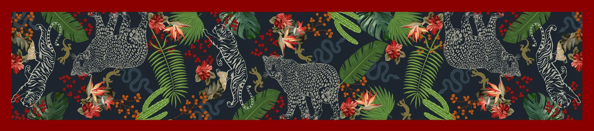 Table runner artwork: tigers, leopards, birds of paradise and palm leaves on navy, with a deep red border