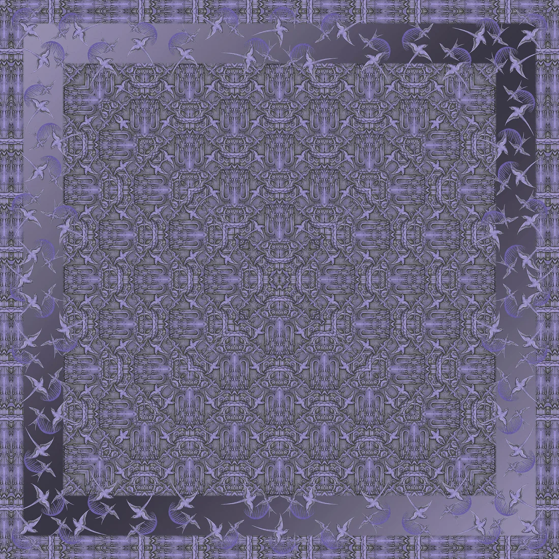 Square stole: a lavender art deco lattice with swallows flying through a violet border
