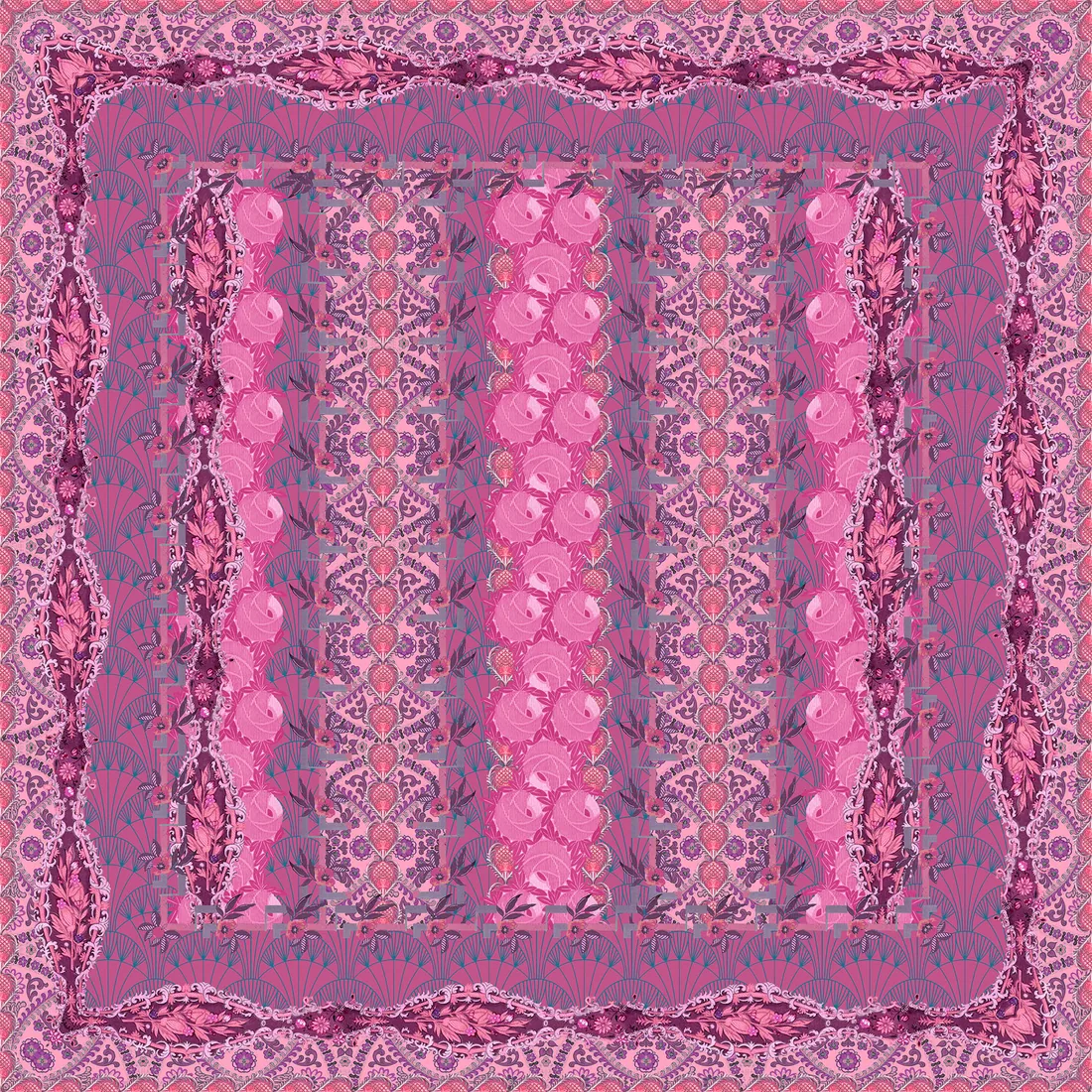 Square stole: pink floral columns inside a magenta ornamental border
